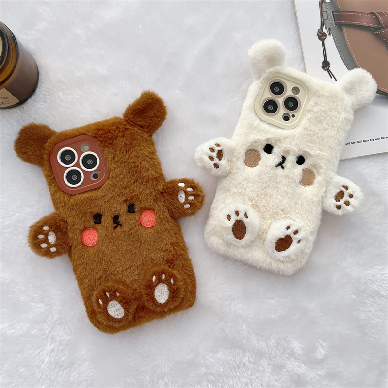 Phone Cases Korean - 韓国の3D漫画風クマのふわふわぬいぐるみカップル携帯ケース iPhone 17 Air 16 15