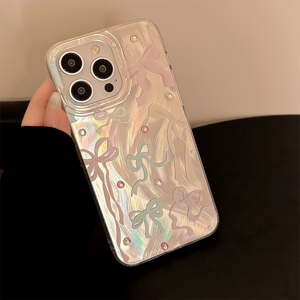 Phone Cases Korean - 韓国のカラフルな蝶結びダイヤモンドステッカー付きiPhoneケース（iPhone 17 Air、16、15、14、13、12、11 Pro Max対応）耐衝撃保護ハードカバー