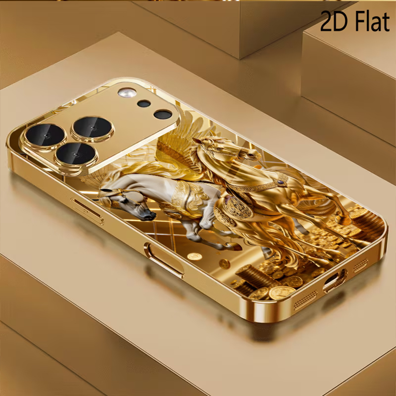 Phone Cases That Cover The Camera - 2頭の馬柄の強化ガラスデザイン iPhone16 17 Pro Max 15