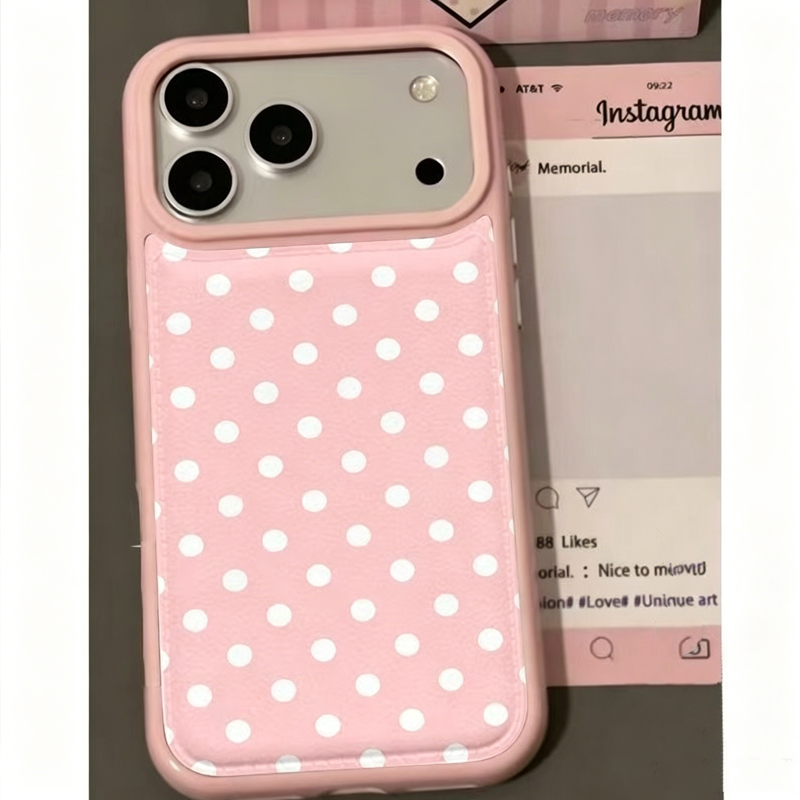 Phone Cases Korean - 韓国のトレンドのかわいいピンクの水玉模様レザー製スマホケース iPhone 17 Air 16 15