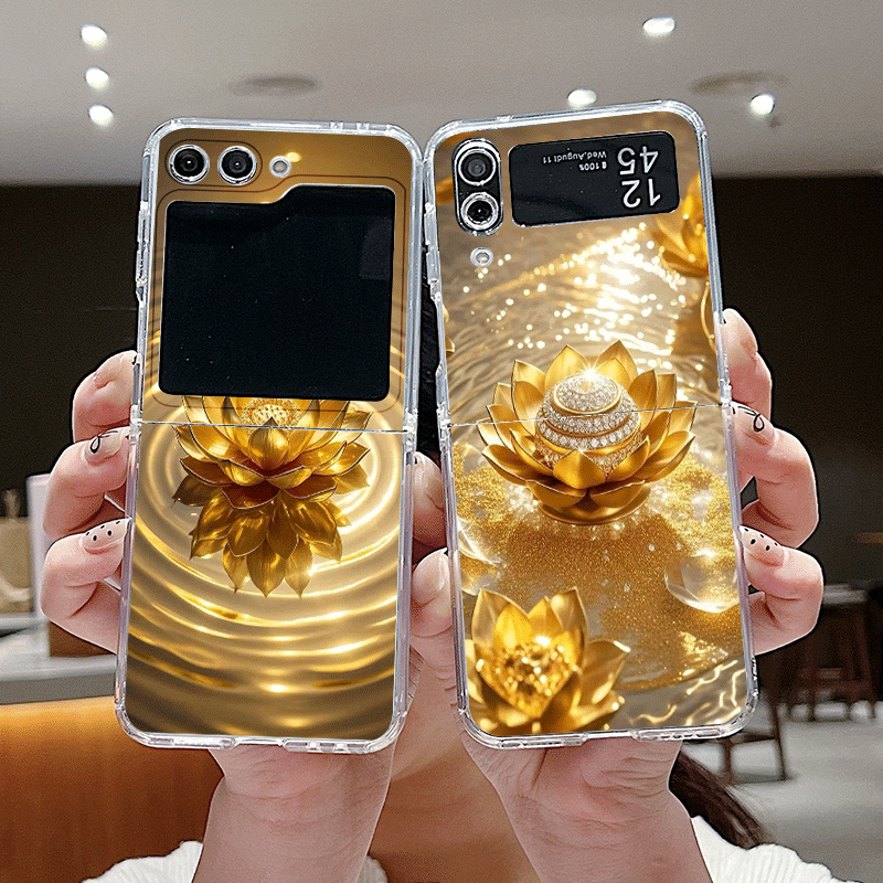 Phone Cases Z Fold 4 - クリエイティブな金色の蓮の花模様のスマホケース、Samsung Galaxy Z Flip 7 Flip