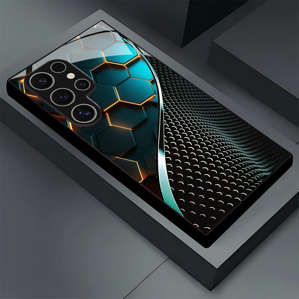 Phone Cases For Samsung S21 5G - 創造的なハニカム木目模様ガラス製スマホケース Samsung Galaxy S26 S25 S24