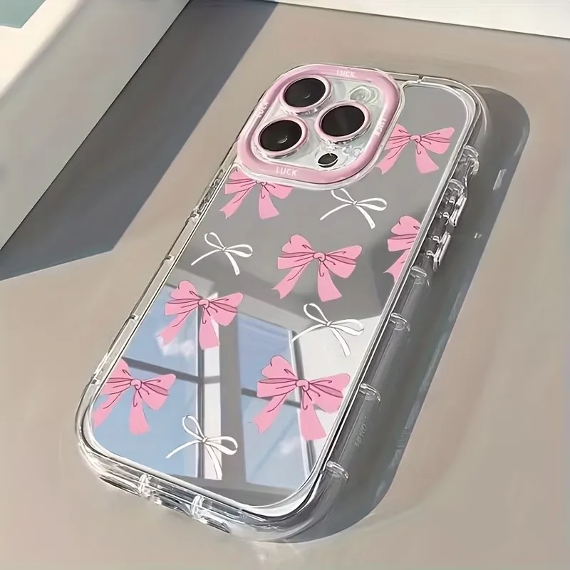 Phone Cases Cool Girl - シンプルな青とピンクのリボンが可愛い女の子向けメイクアップミラー付きスマホケース iPhone 17 AIR 16 15