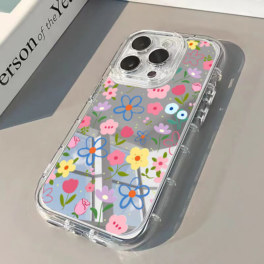 Phone Cases Korean - 韓国風花柄シルバーミラー付きスマホケース iPhone 17 Pro Max 15