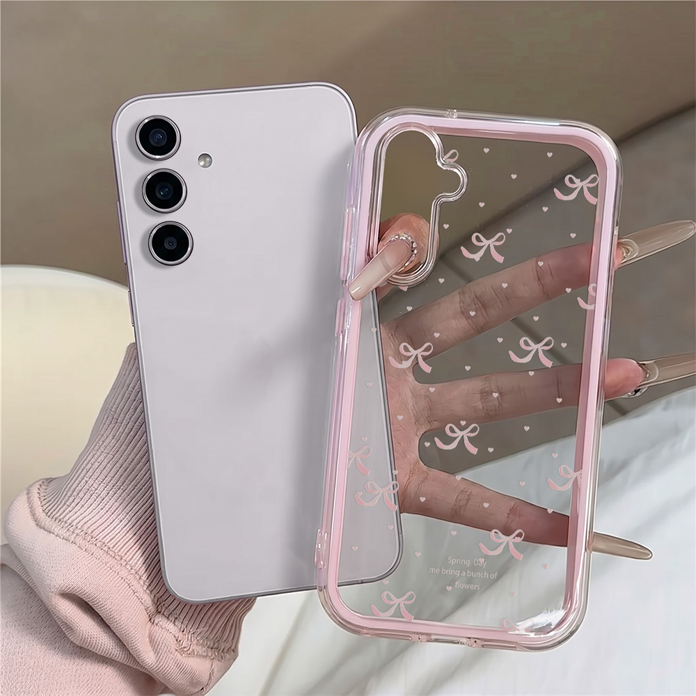 可愛いピンクのリボン付きソフトフォンケース Samsung  - Phone Cases That Cover The Camera のレビューと価格