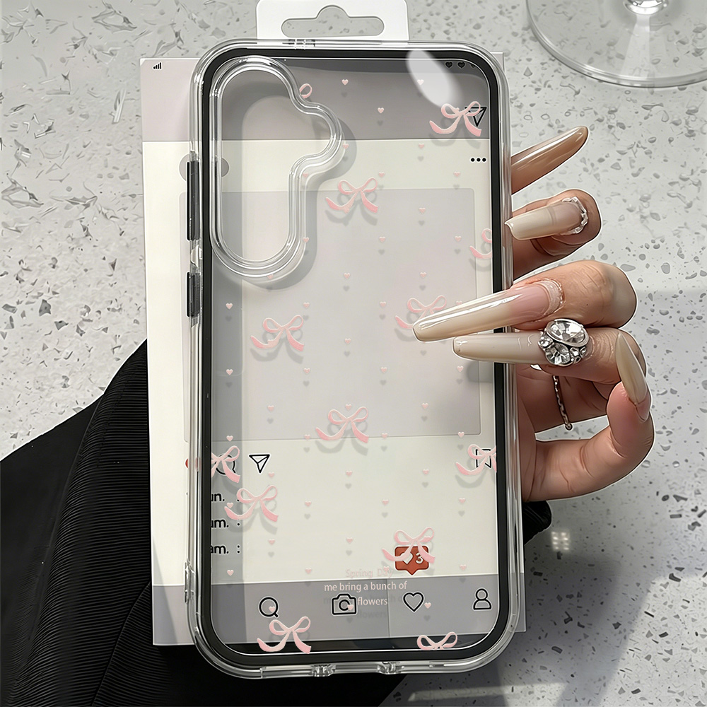可愛いピンクのリボン付きソフトフォンケース Samsung  - Phone Cases That Cover The Camera のレビューと価格