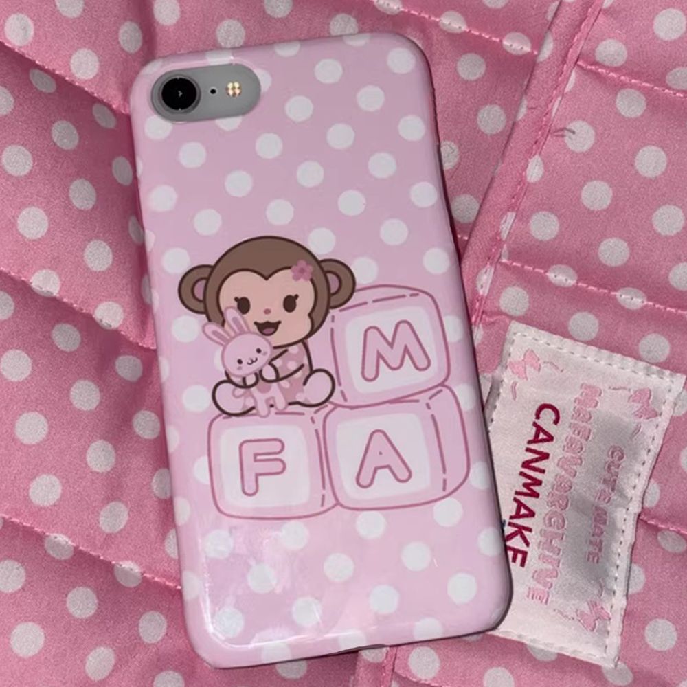 韓国漫画の甘いピンク色のかわいい小さな猿の白い水玉模様のiP - Phone Cases Korean のレビューと価格