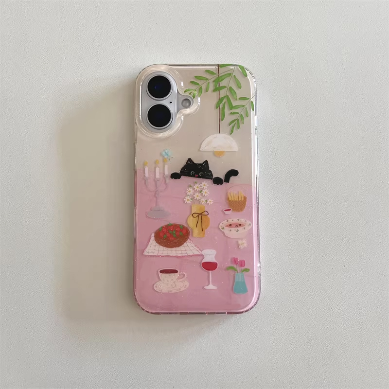 インスタ映え可愛いダイニングテーブルと小さな黒猫の漫画風スマ - Phone Cases Cool Girl のレビューと価格